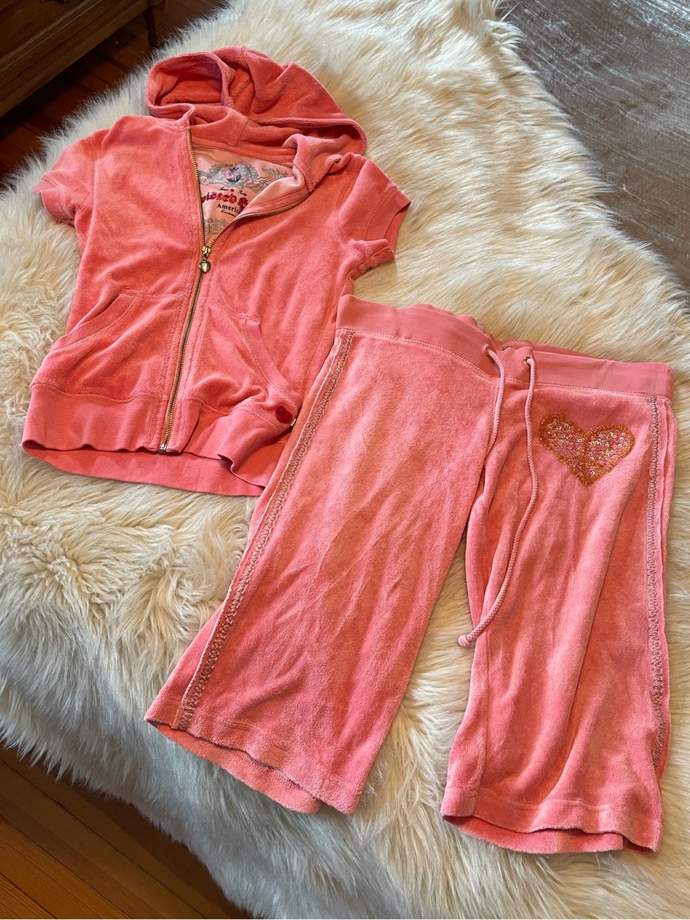 Peach Pink Twisted Heart terry short sleeve capri pants tracksuit set